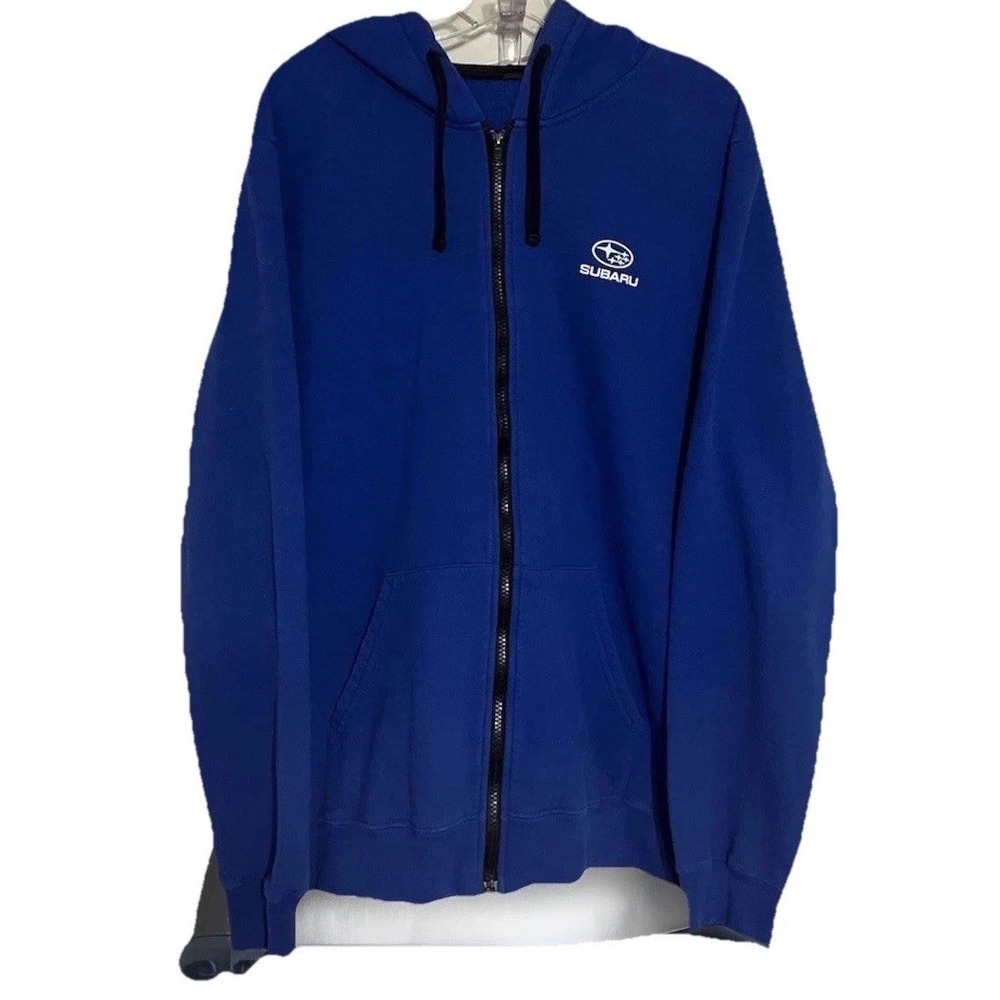 Subaru Logo Blue Full Front Zipper Sweatshirt Hood Jacket Sz L-XL ? Fleece Lined